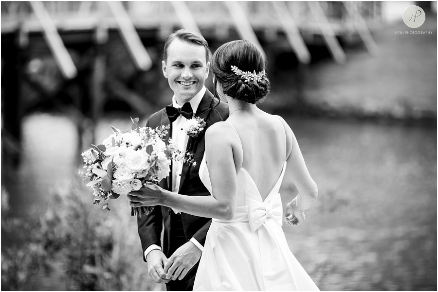 black and white first look at clarks landing yacht club wedding 