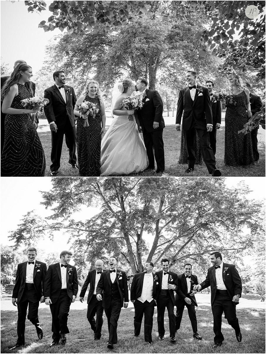 black and white of bridal party in spring lake park at clarks landing yacht club