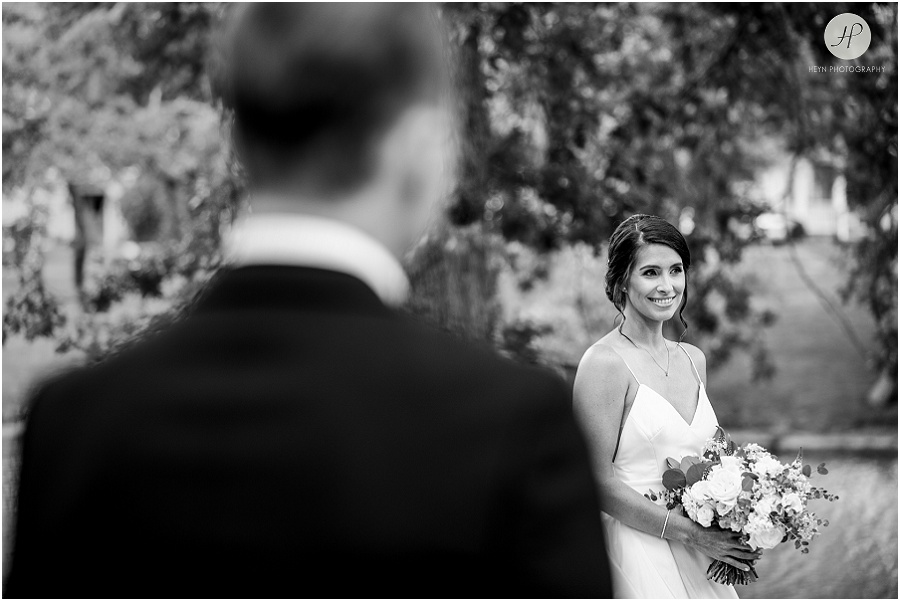 black and white bride and groom in spring lake park at clarks landing yacht club wedding 