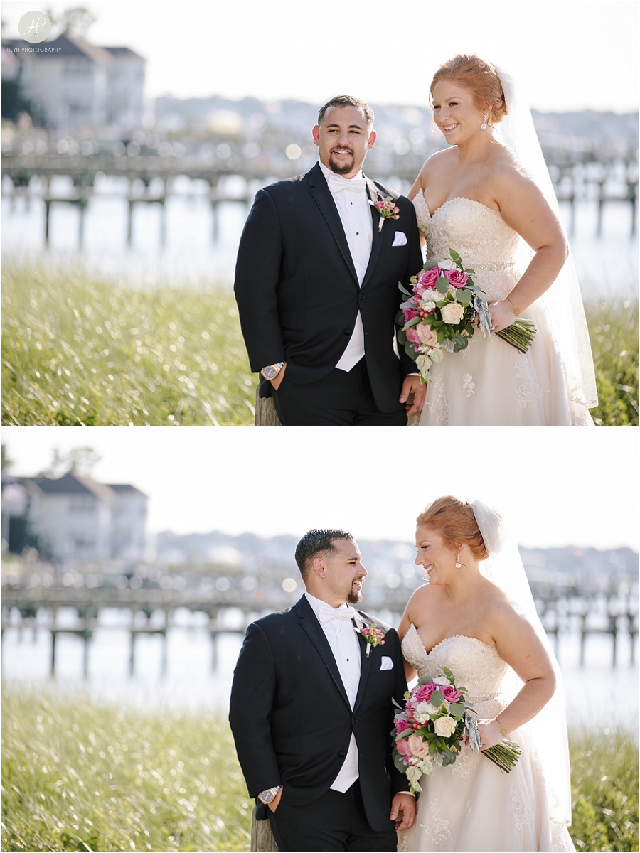 bride and groom on dock at clarks landing yacht club