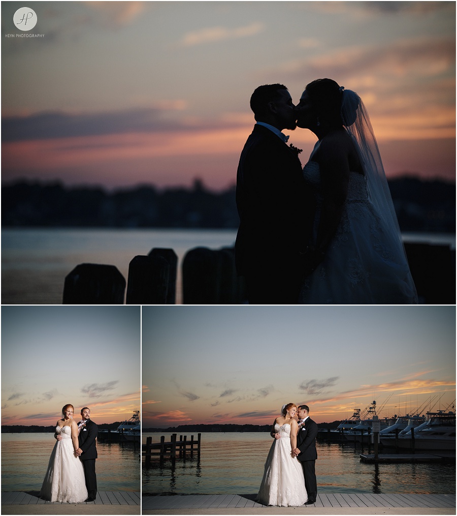 sunset on dock clarks landing yacht club wedding
