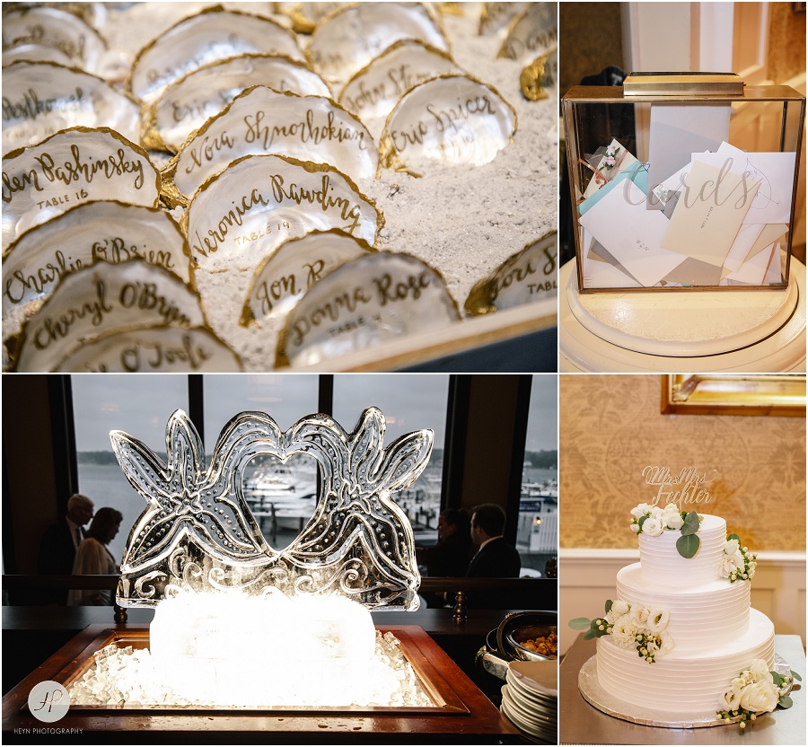 nautical wedding reception details in ballroom at clarks landing yacht club 
