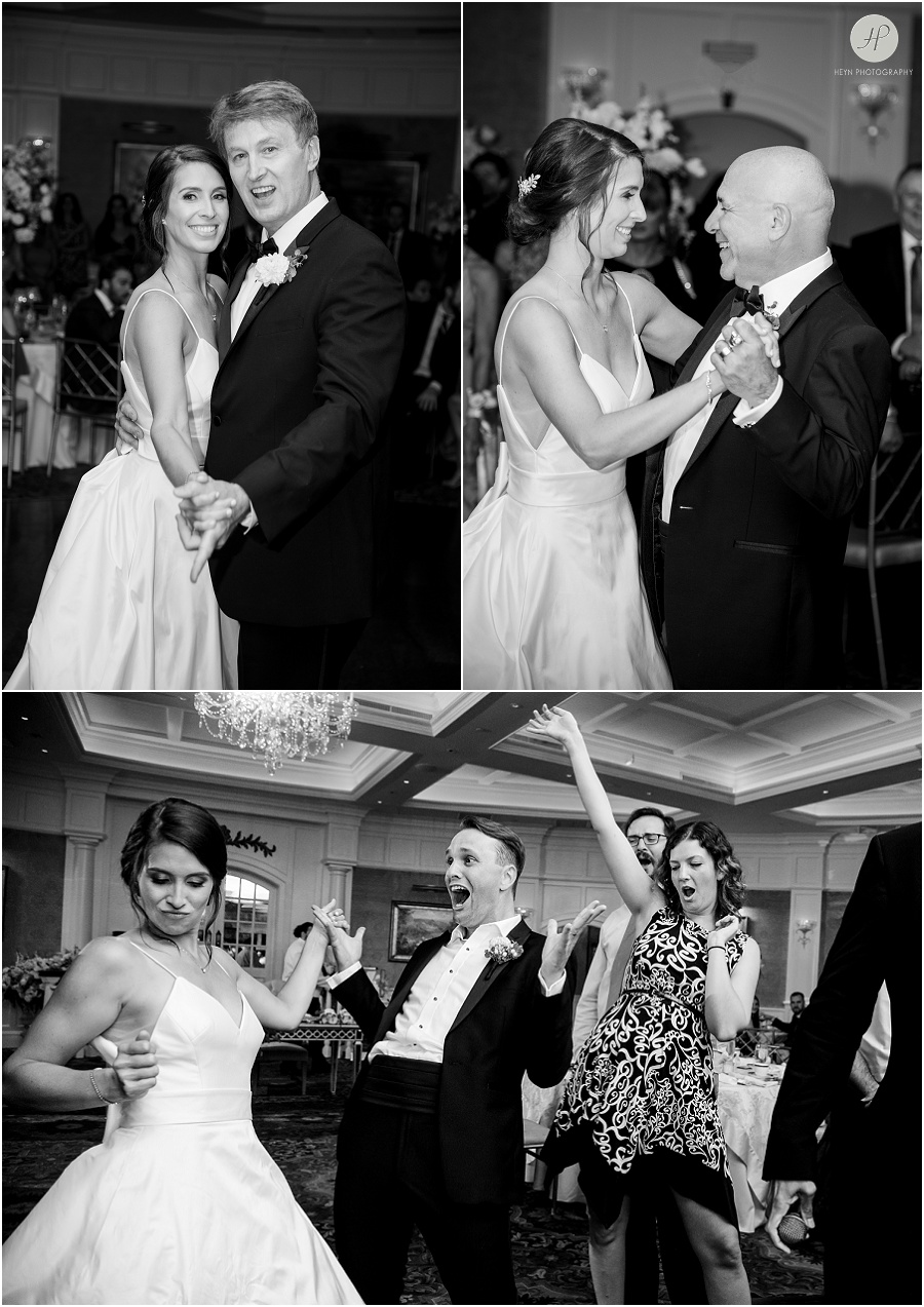 black and white bride and groom in ballroom at clarks landing yacht club wedding reception 