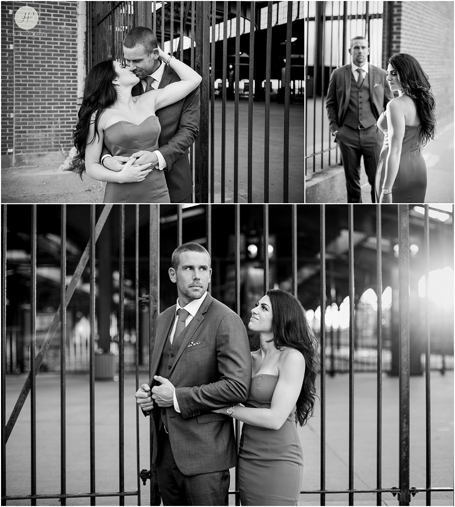 couple by old train station in liberty state park engagement session jersey city