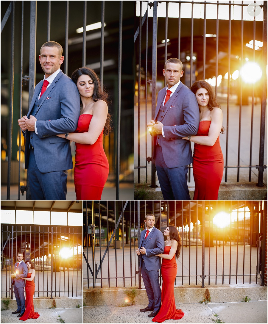 couple by old train station in liberty state park engagement session jersey city
