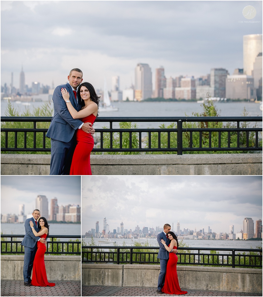 couple by nyc skyline in liberty state park engagement session jersey city