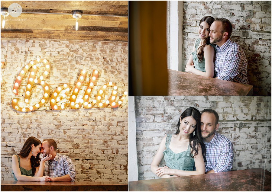 couple at restaurant in downtown Princeton university engagement session