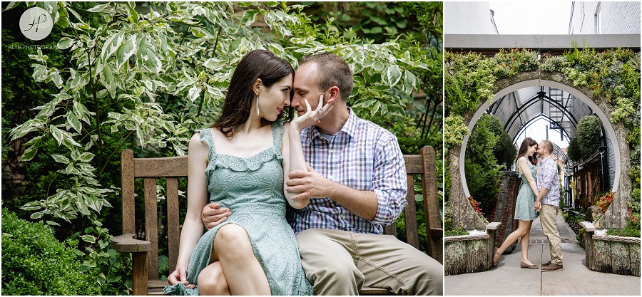 couple in gardens in downtown Princeton university engagement session