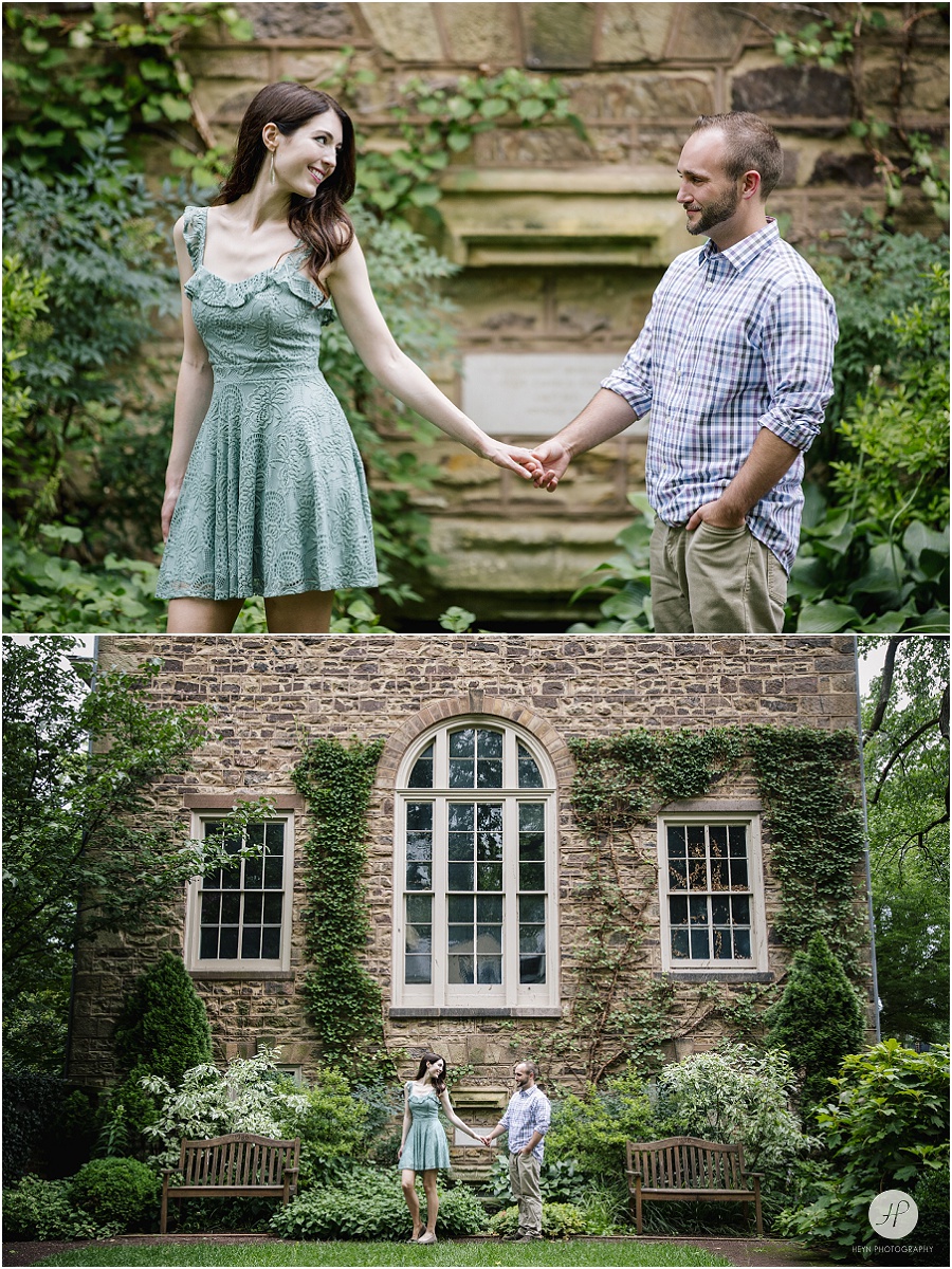 couple in old building in Princeton university engagement session