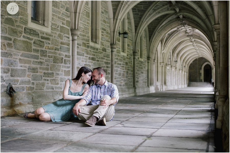 couple in old building in Princeton university engagement session