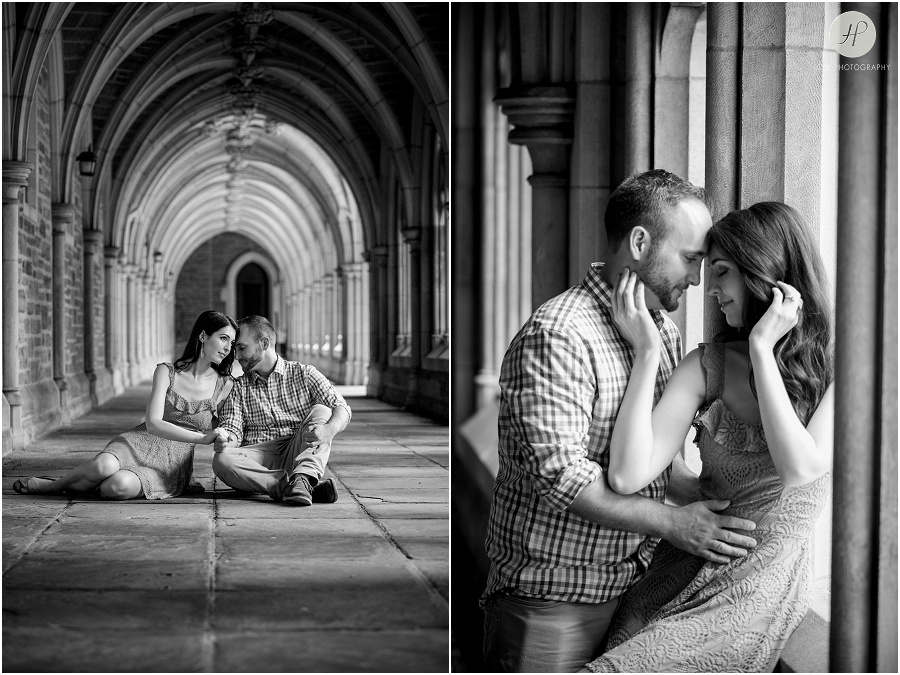 black and white of couple in old building in Princeton university engagement session
