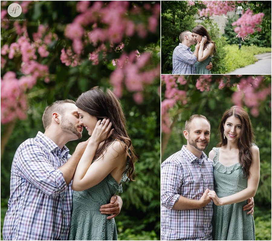 couple in gardens in Princeton university engagement session