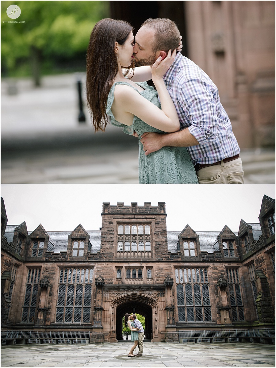 couple in court yard at Princeton university engagement session