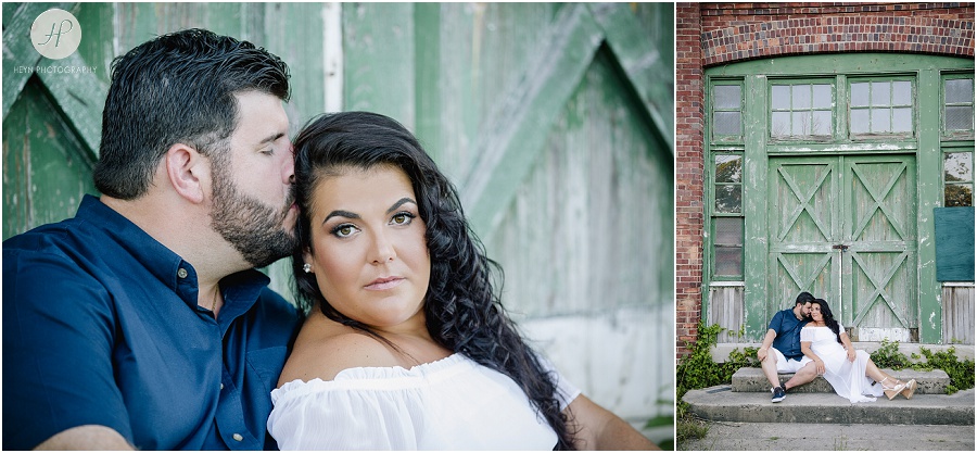 couple by old building at sandy hook engagement session