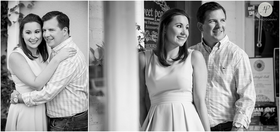 black and white of couple downtown at spring lake engagement session
