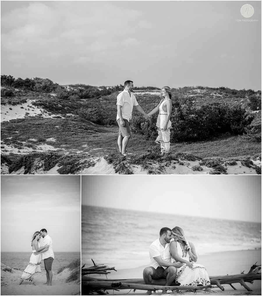 black and white of couple on long beach island engagement session