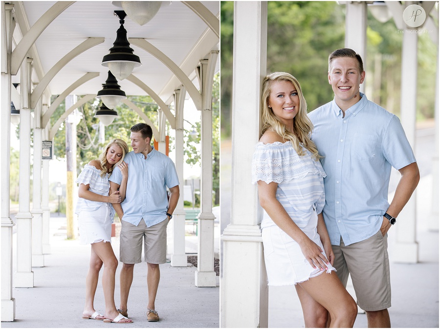 couple at train station at manasquan engagement session 