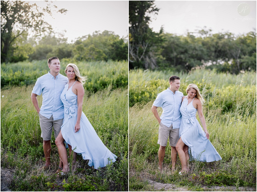 couple in tall grass at manasquan engagement session 