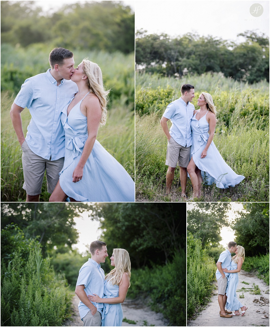 couple in tall grass at manasquan engagement session 
