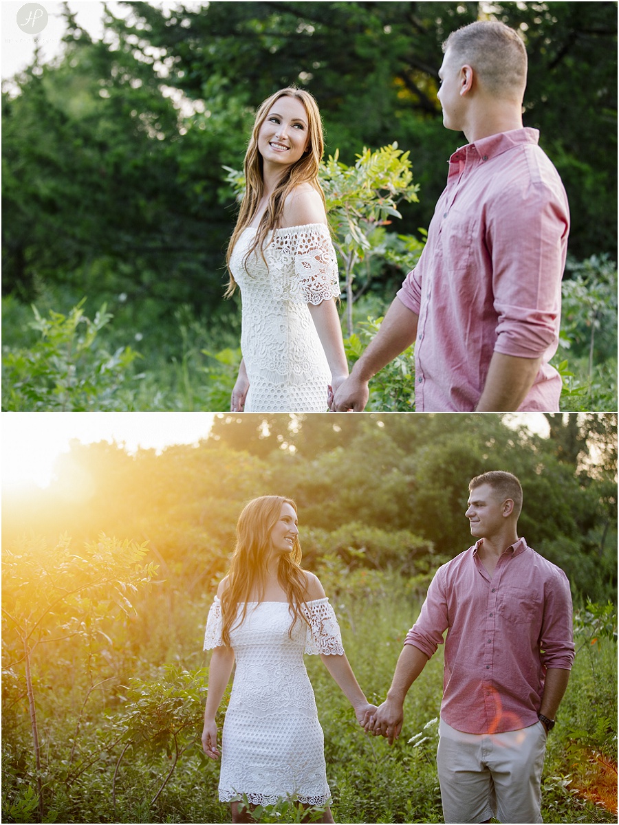 engaged couple at sunset in tropical grass on manasquan beach engagement 