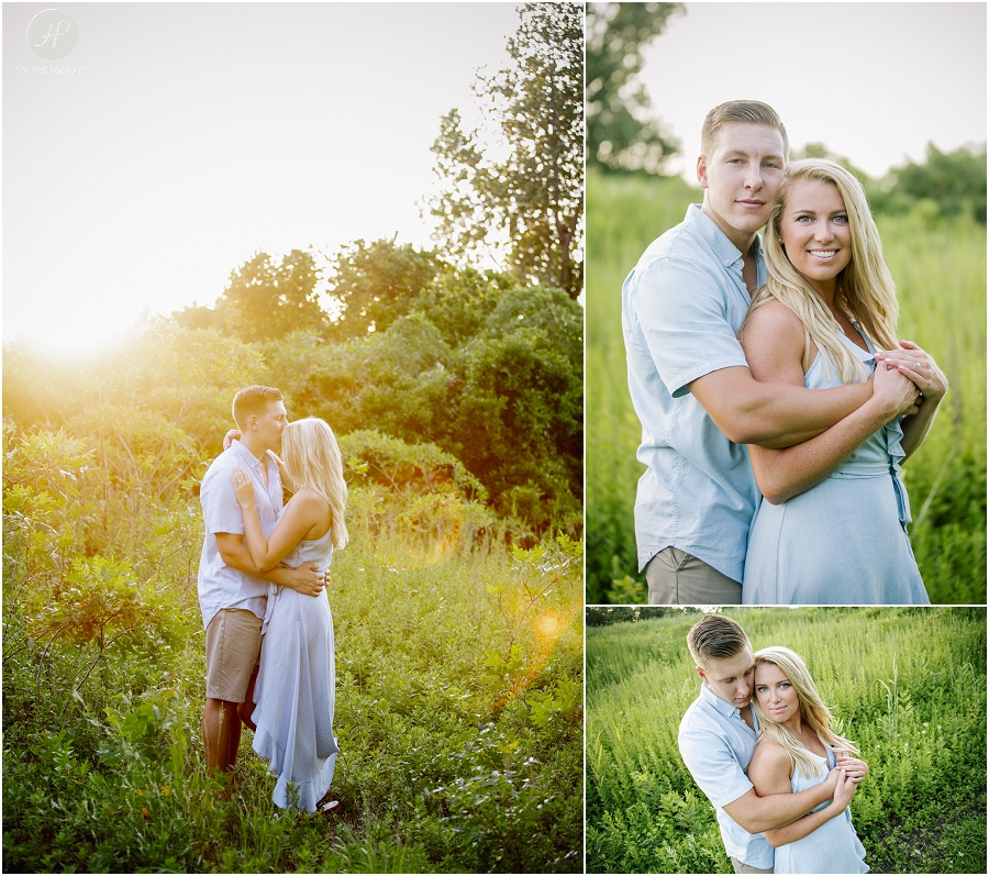 couple in grass near beach at manasquan engagement session at sunset
