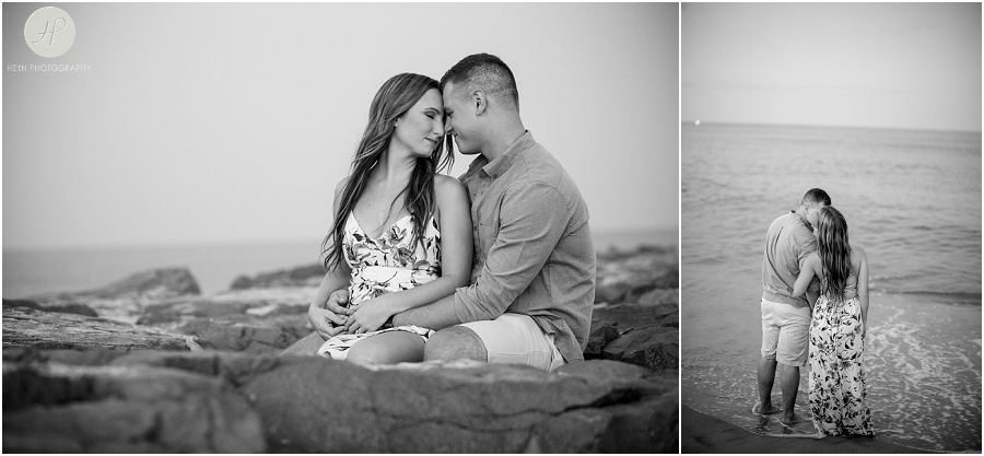 black and white of engaged couple on manasquan beach engagement 