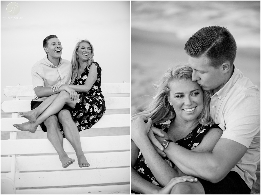 black and white of couple on beach at manasquan engagement session at sunset