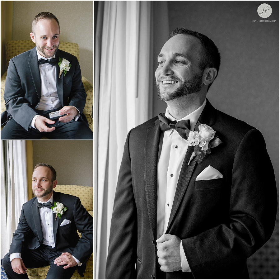 groom gets ready for wedding at the riverview 