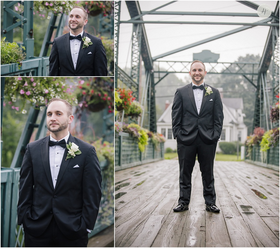 groom portraits on the flower bridge at wedding at the riverview 