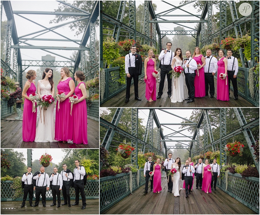 bridal party in fuchsia portraits on the flower bridge at wedding at the riverview 