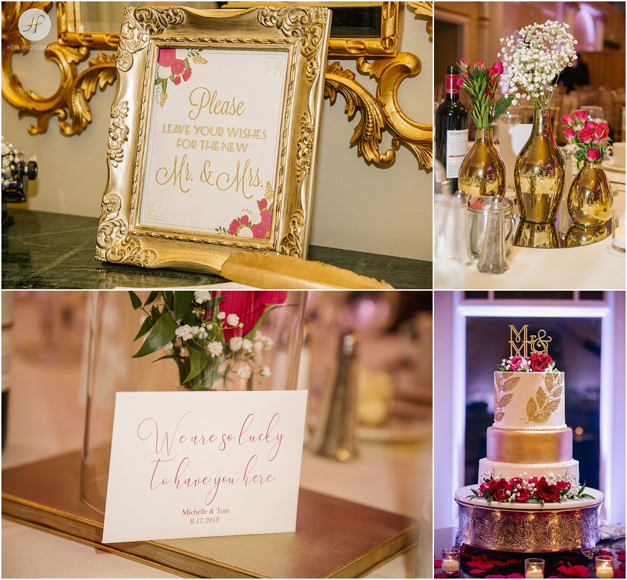 gold and pink wedding reception details at the riverview 
