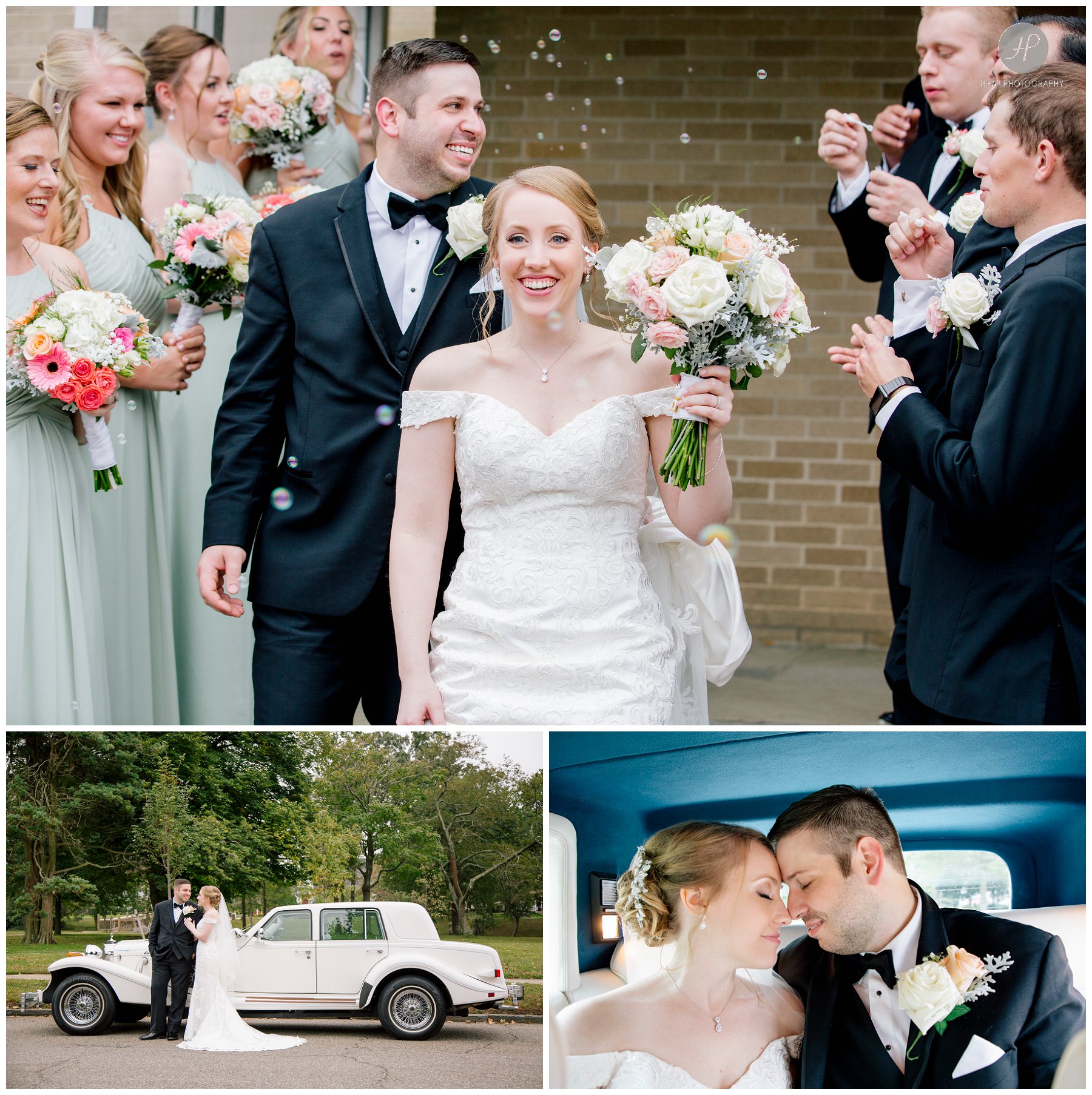 bride and groom leaving church ceremony at crystal point yacht club wedding in new jersey 