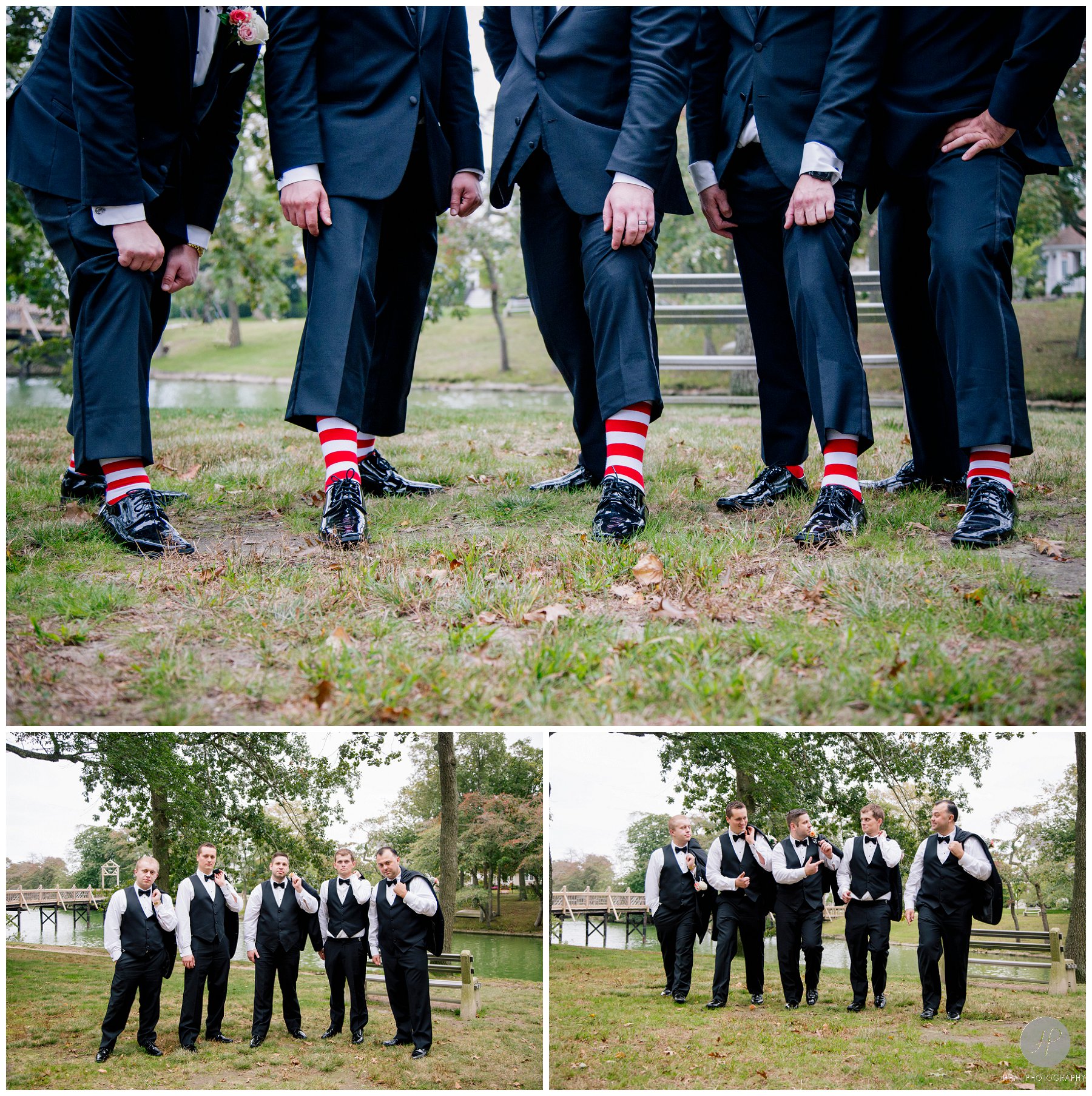 groomsmen at spring lake park at crystal point yacht club wedding in new jersey 