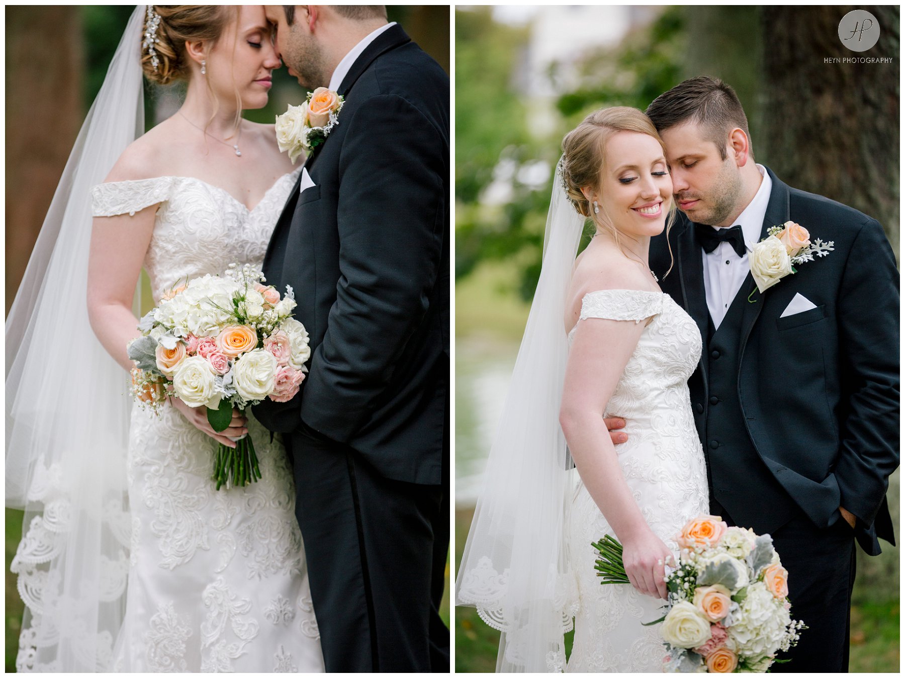 bride and groom in spring lake park at crystal point yacht club wedding in new jersey 