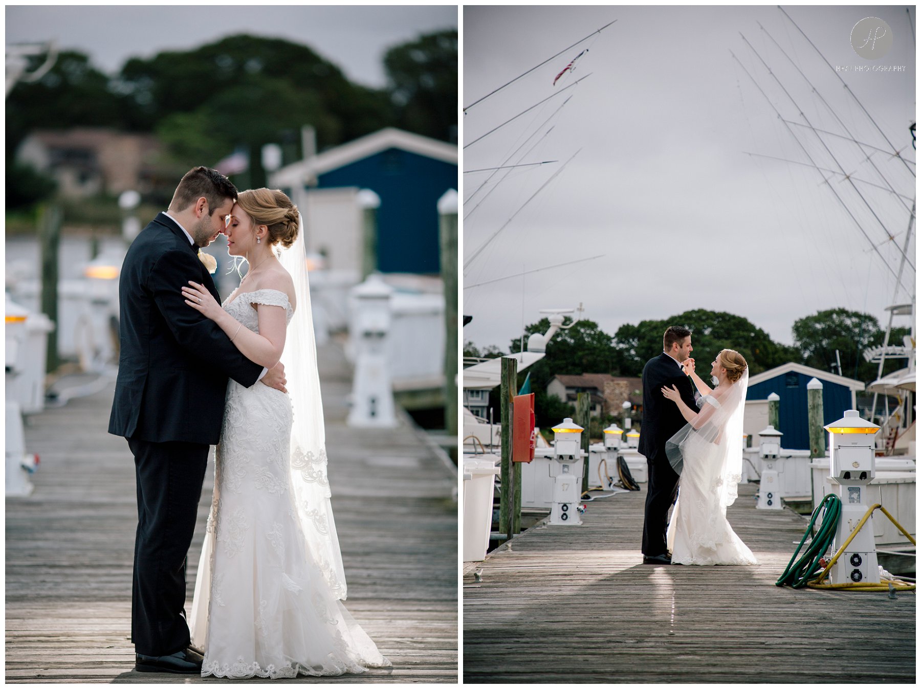 bride and groom on dock at crystal point yacht club wedding in new jersey 