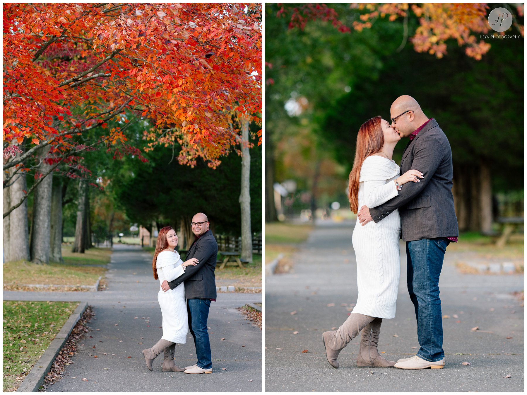 couple by colorful fall tree at allaire state park engagement session in New Jersey