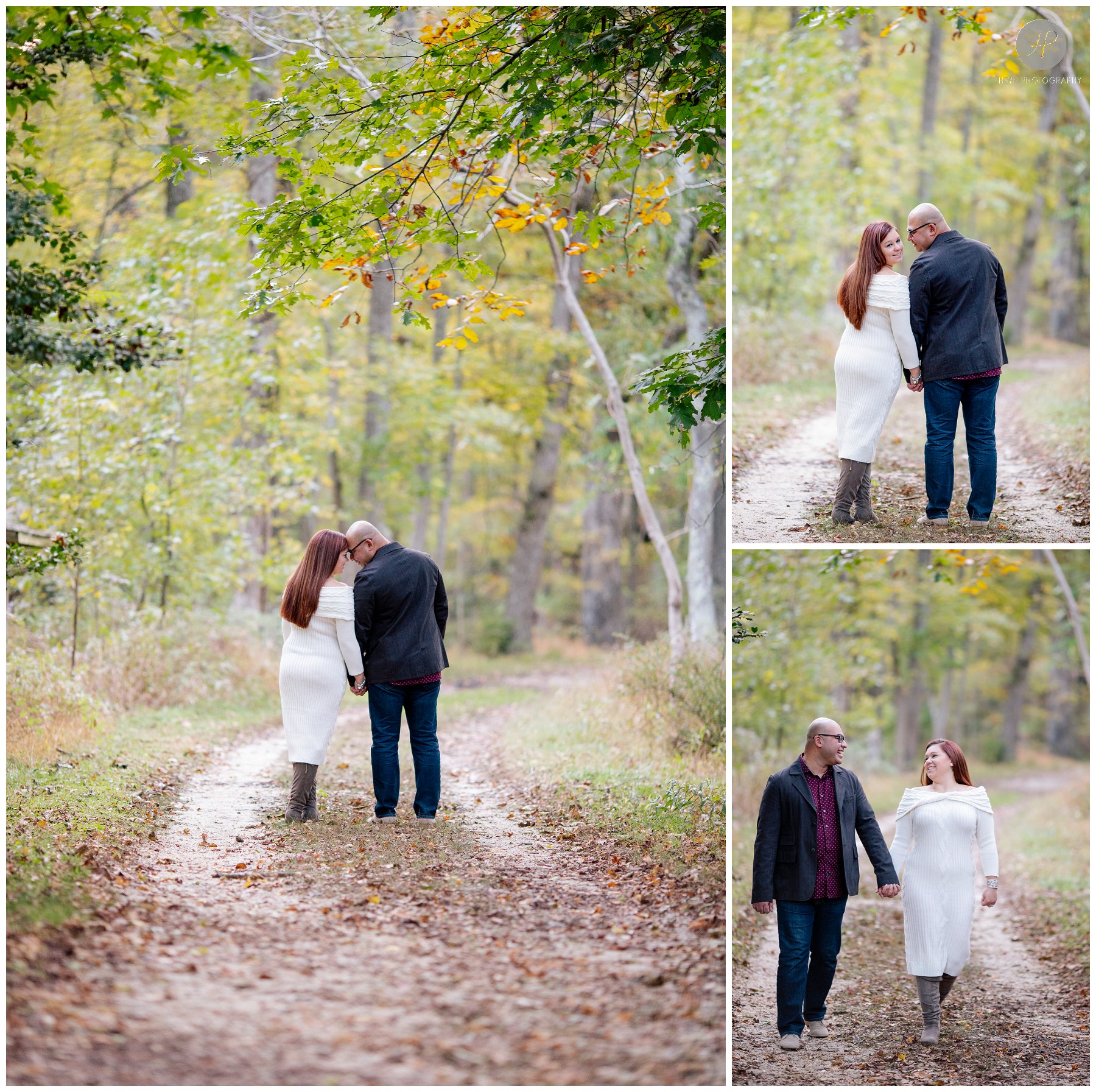 couple walking down path at allaire state park engagement session in New Jersey