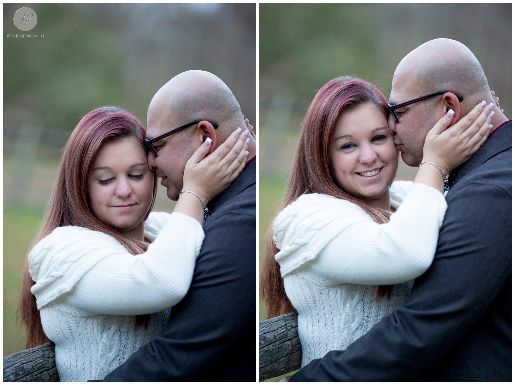 couple by fence at allaire state park engagement session in New Jersey