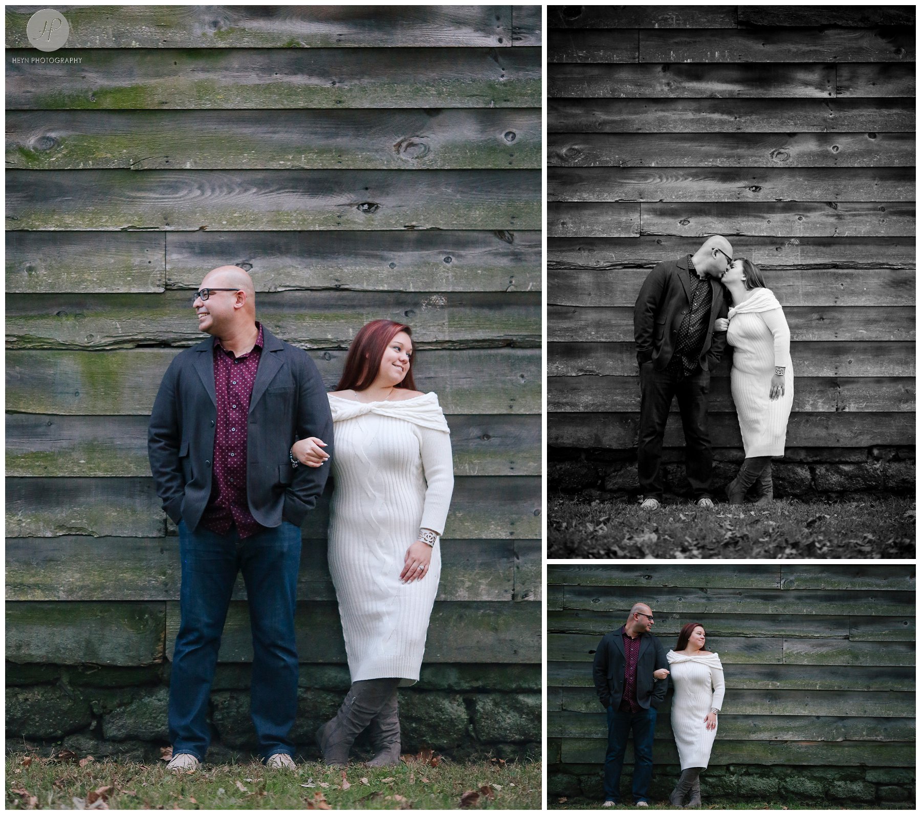 couple by barn at allaire state park engagement session in New Jersey