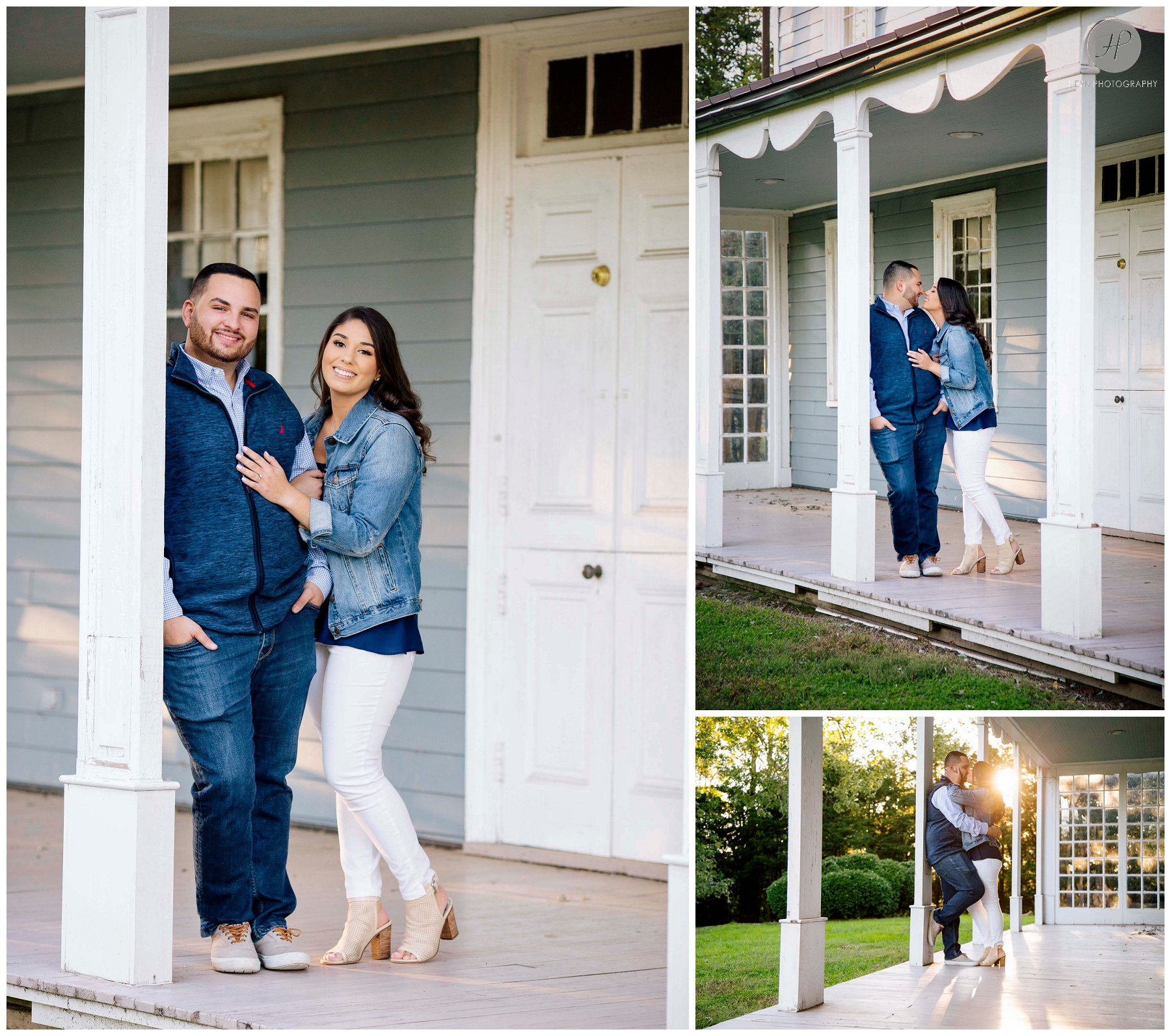 couple outside by blue house for Bayonet Farm engagement session in new jersey 