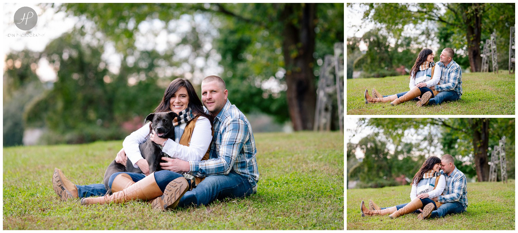 couple with dog at bayonet farm engagement session in new jersey