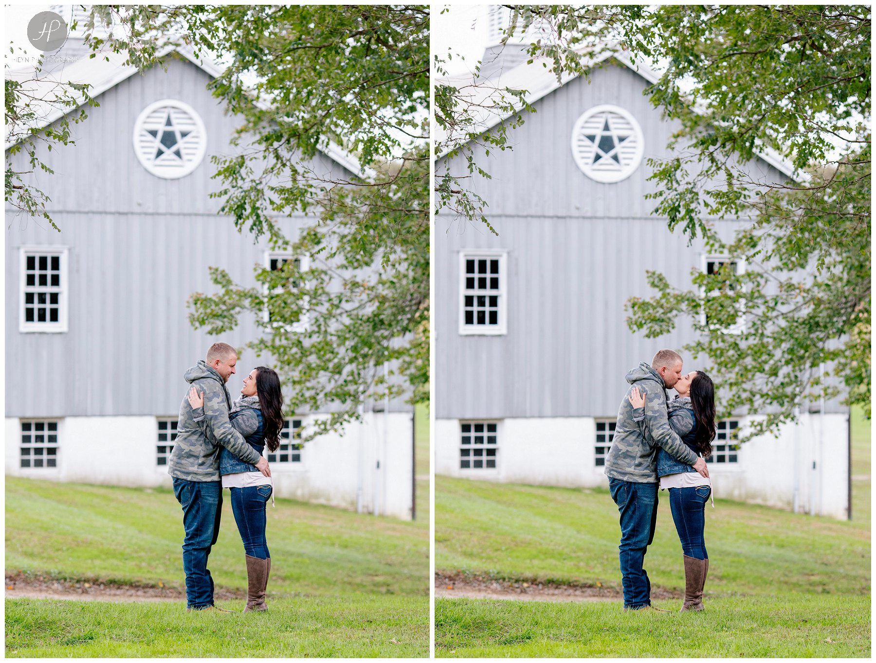  couple by barn at bayonet farm engagement session in new jersey