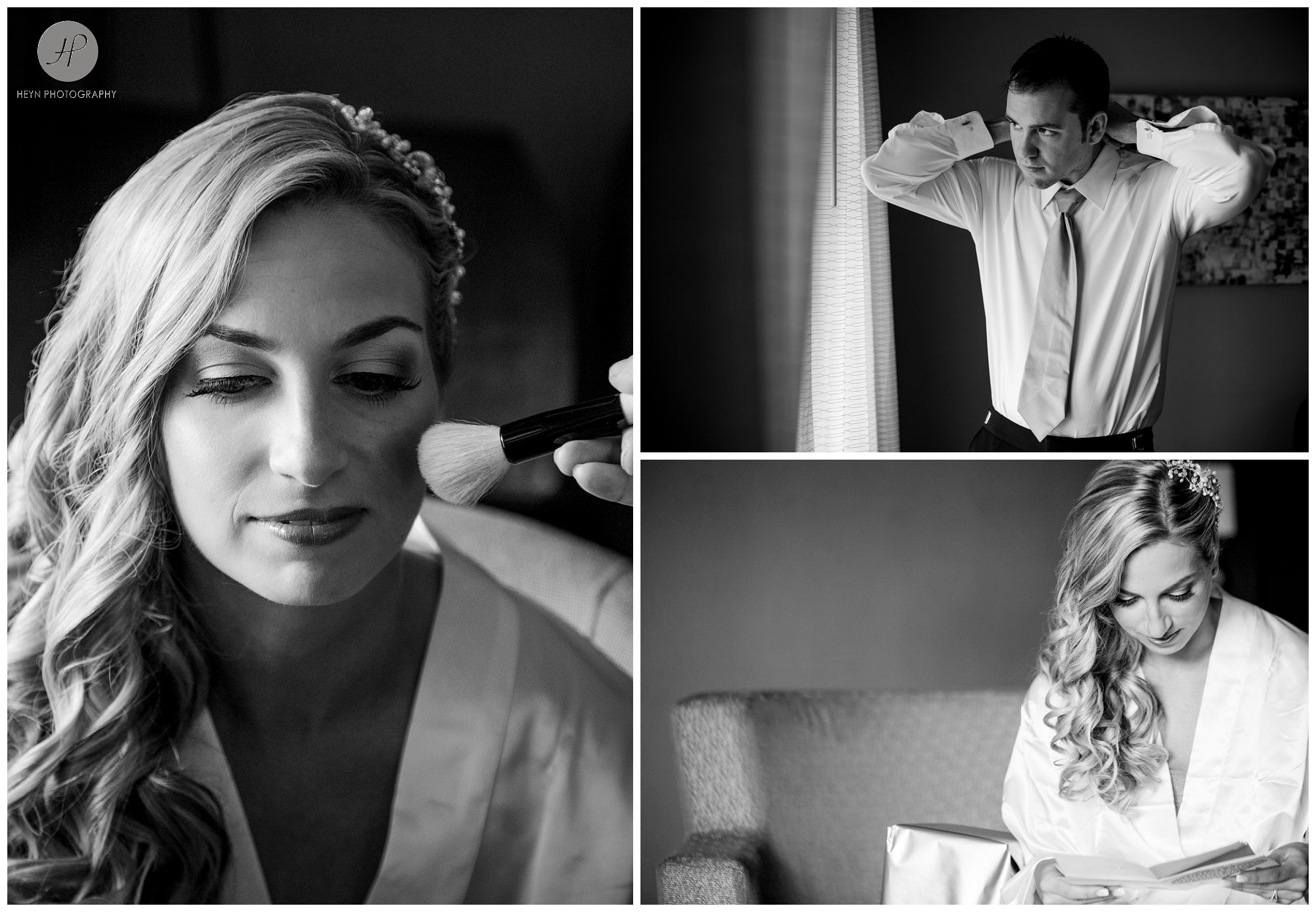 black and white of bride and groom getting ready at clarks landing yacht club wedding in new jersey