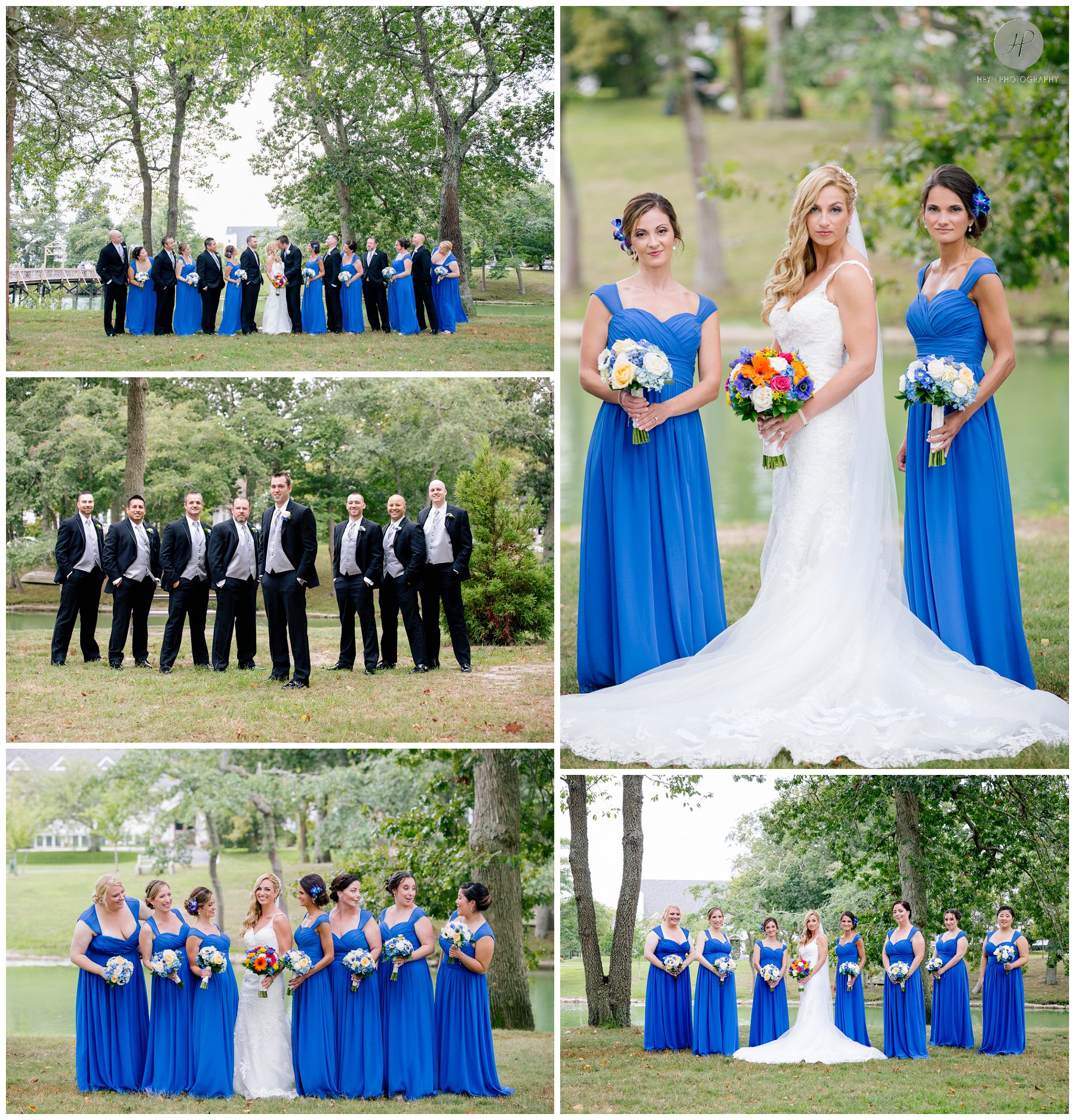 bridal party in royal blue spring lake at clarks landing yacht club wedding in new jersey