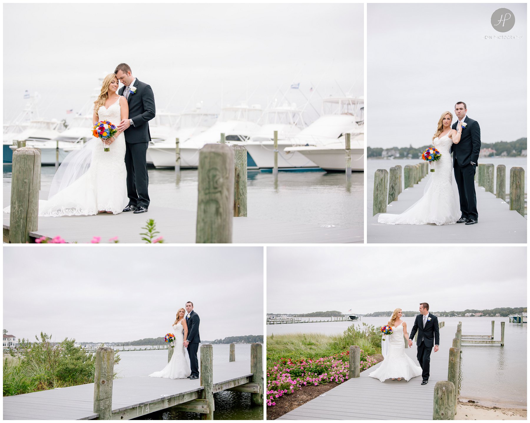 bride and groom on dock at clarks landing yacht club wedding in new jersey