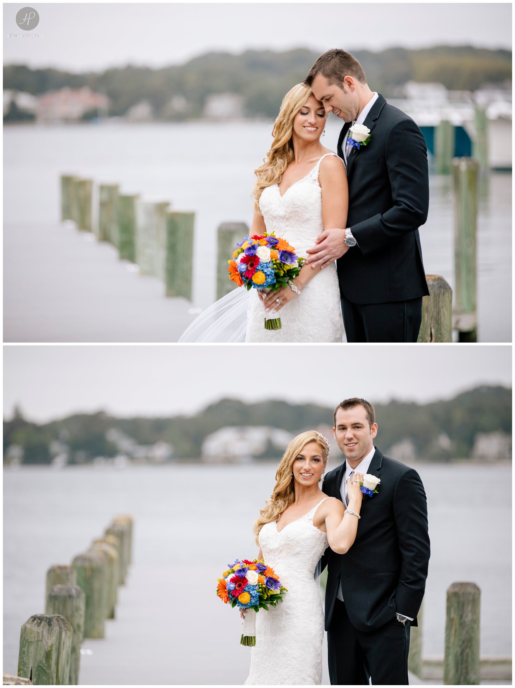 bride and groom on dock at clarks landing yacht club wedding in new jersey