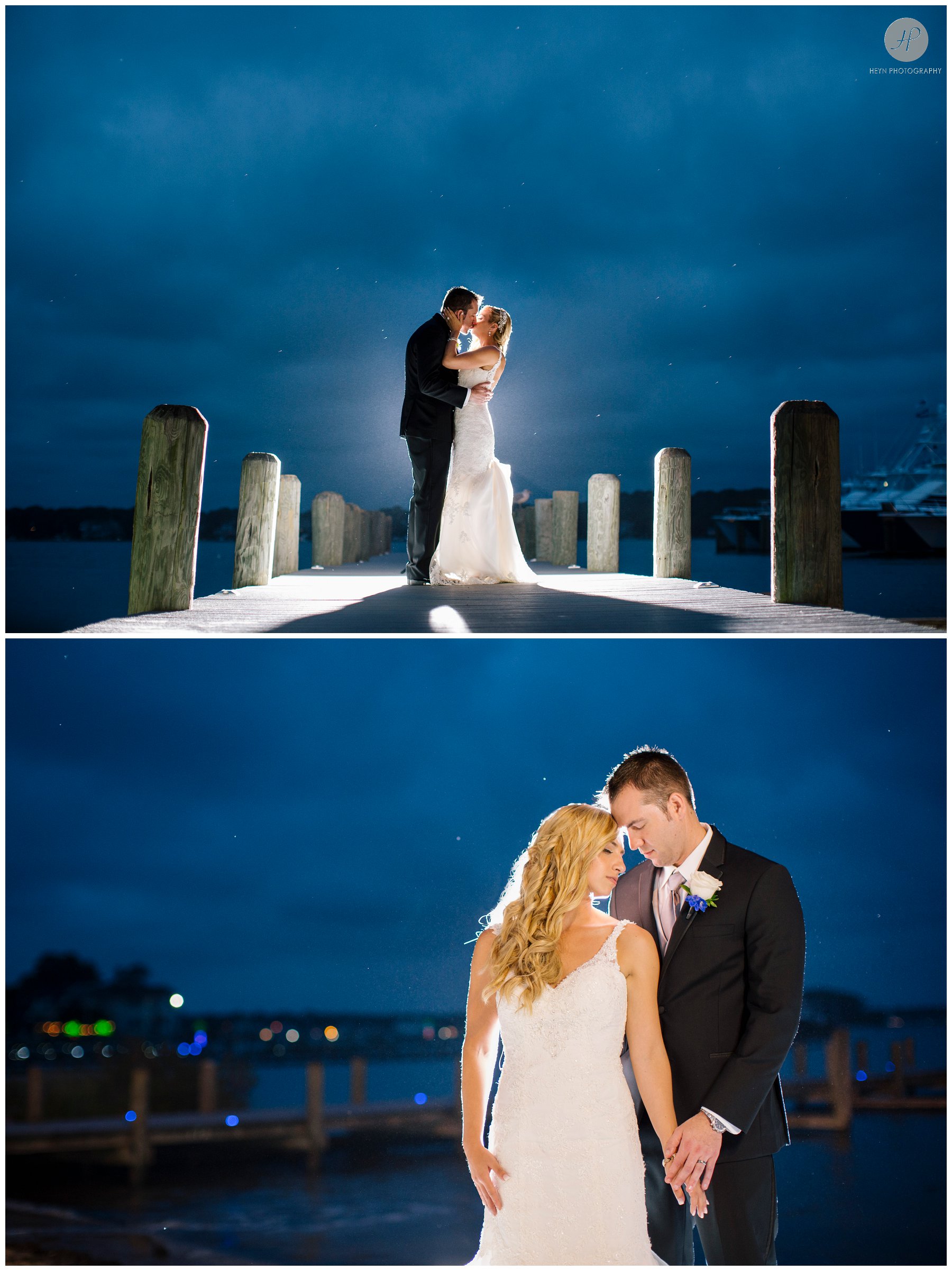 bride and groom on dock at night at clarks landing yacht club wedding in new jersey