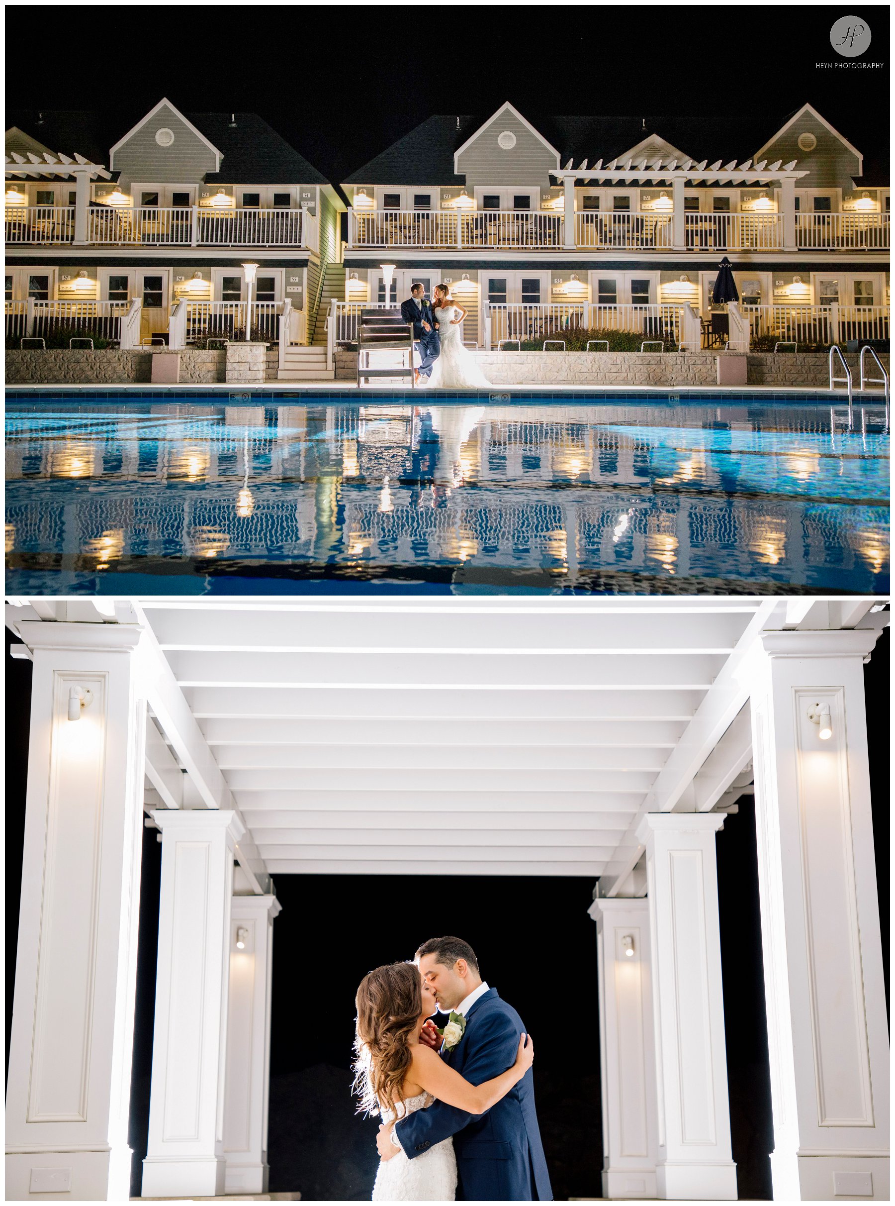 bride and groom at night at edgewater beach club wedding in new jers