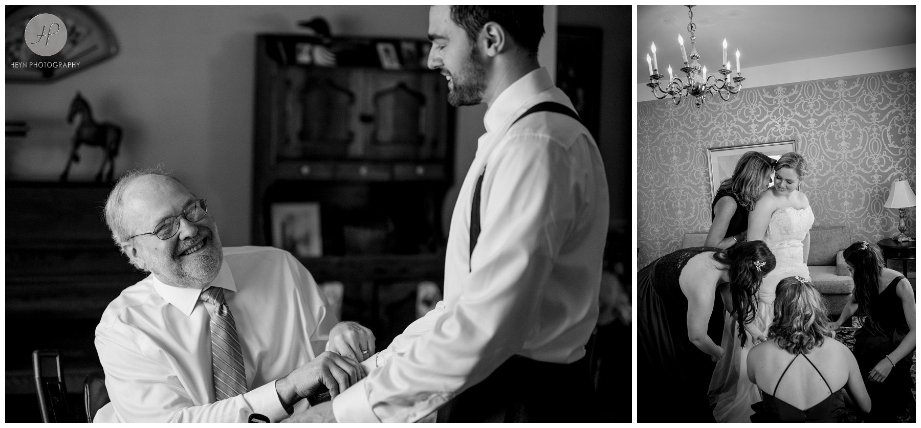 black and white of bride and groom getting ready before  molly pitcher inn wedding in new jersey 