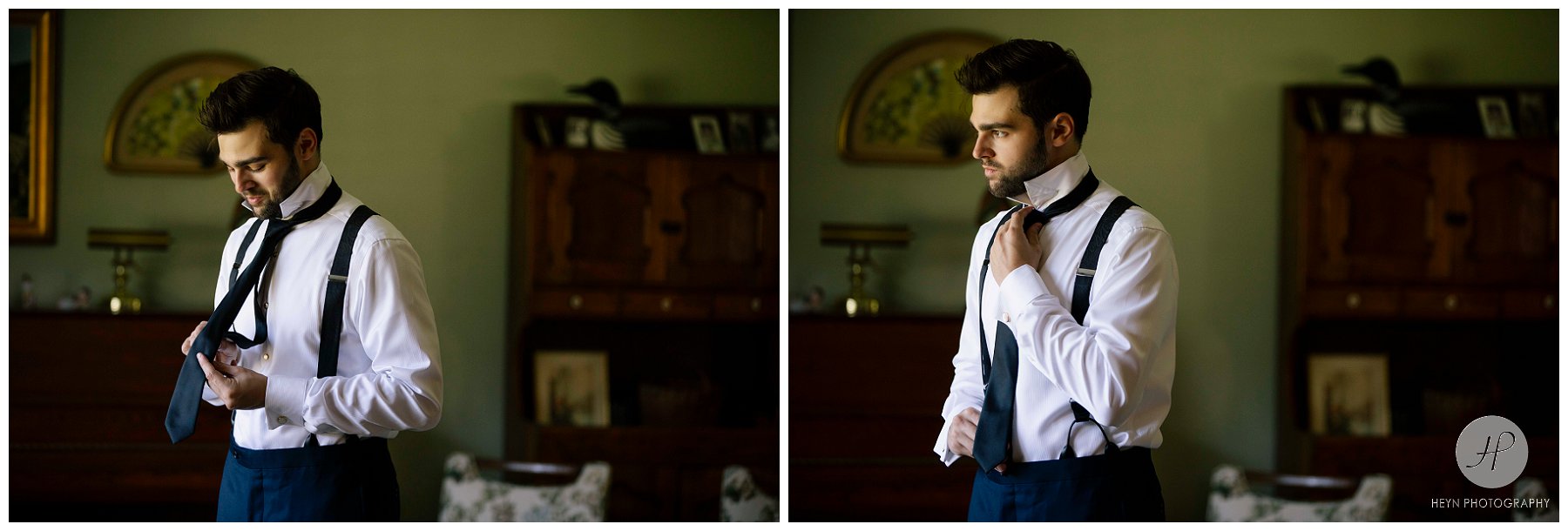groom getting ready before  molly pitcher inn wedding in new jersey 